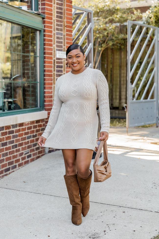 Living for Friday Beige Cable Knit Sweater Dress Product Image