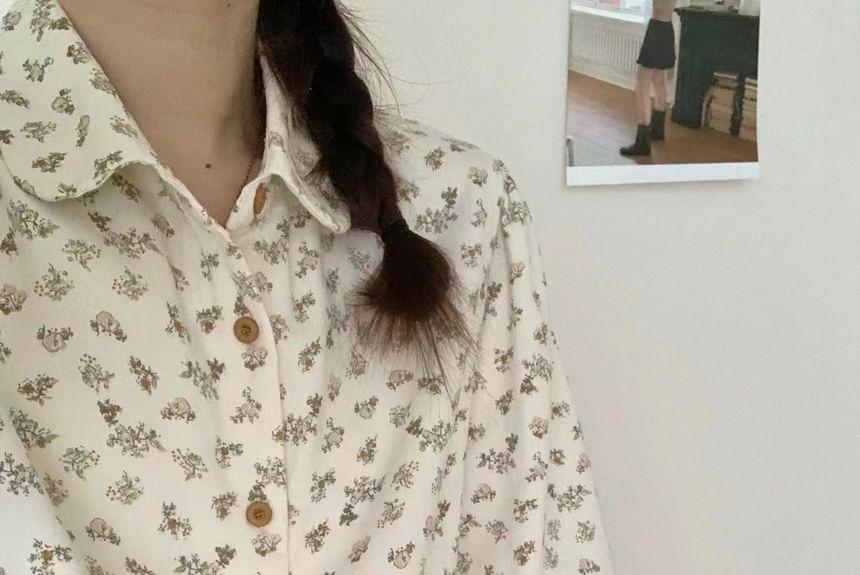 Long Sleeve Collar Floral Print Cropped Shirt Product Image