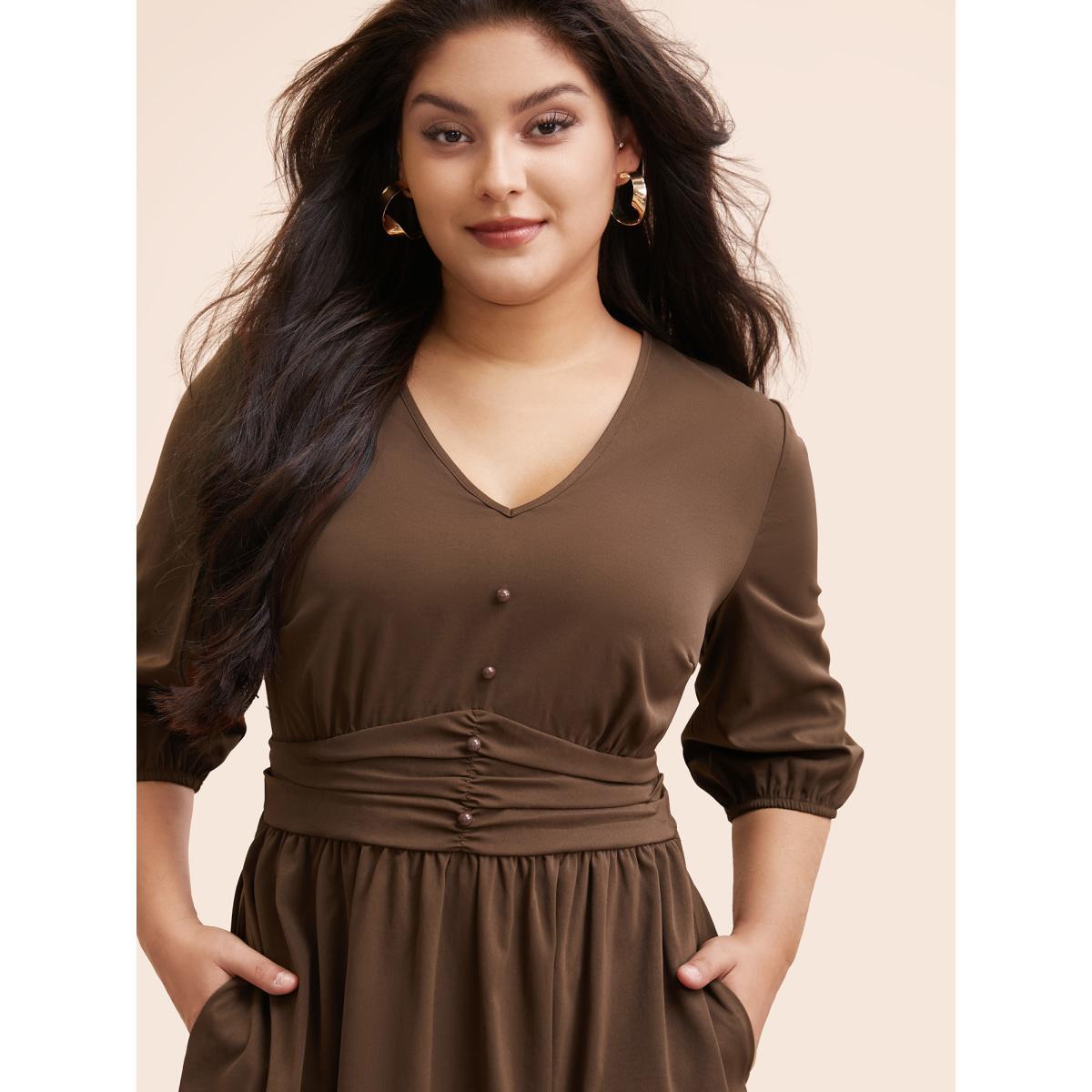 Plus Size V Neck Shirred Ruched Midi Dress DarkBrown Women Elegant Gathered V-neck Elbow-length sleeve Curvy BloomChic 14-16/1X Product Image