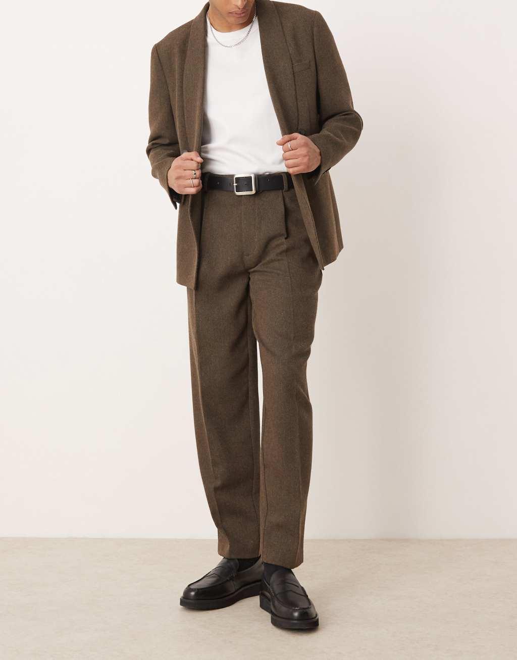 ASOS DESIGN oversized tapered suit pants with pleat in brown herringbone wool Product Image