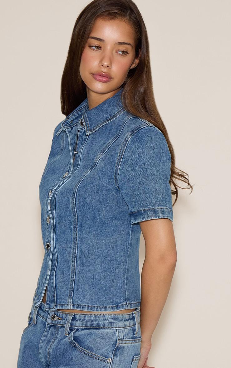 Mid Blue Wash Short Sleeve Fitted Denim Shirt Product Image