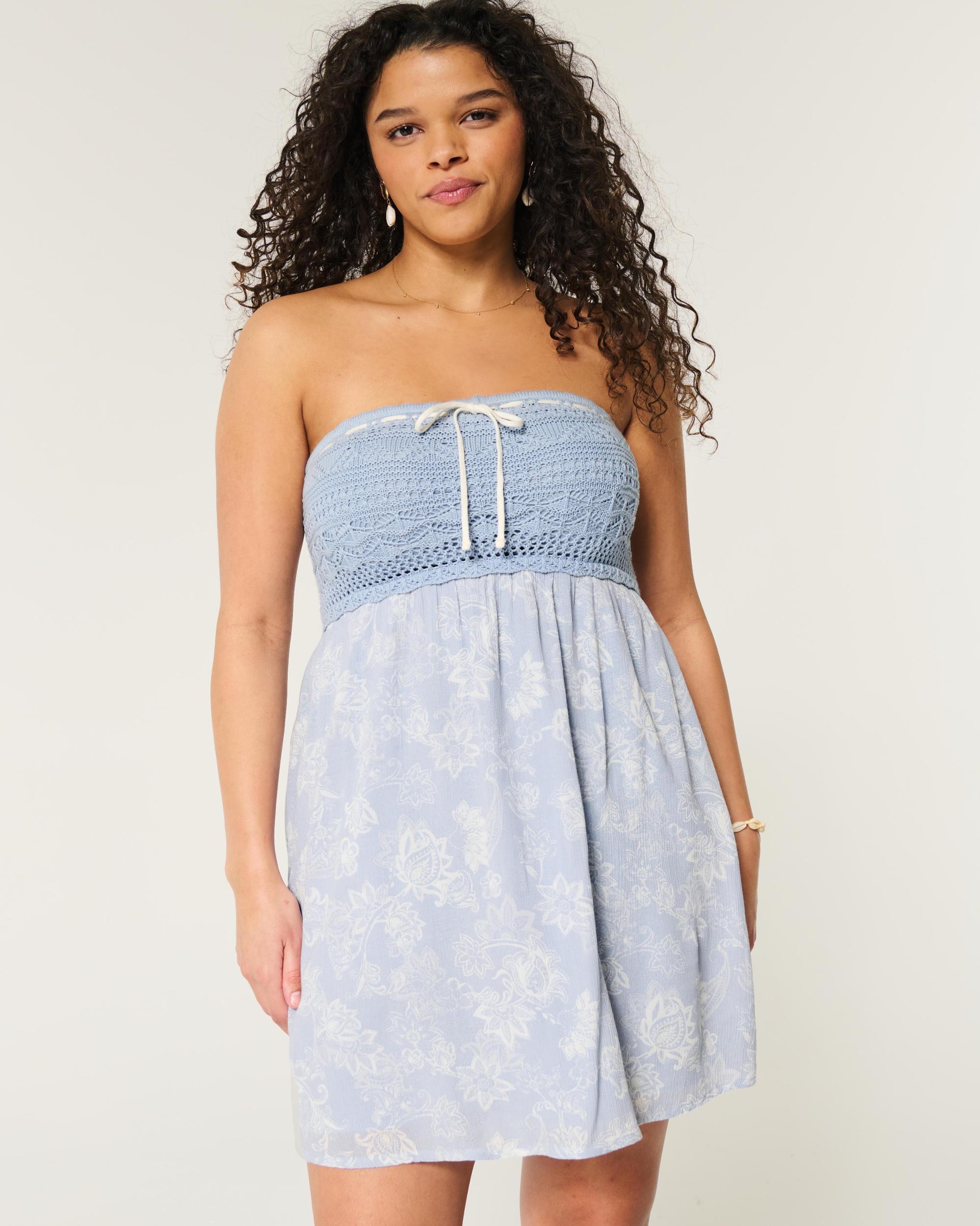 Strapless Crochet-Style Mix Mini Dress Product Image