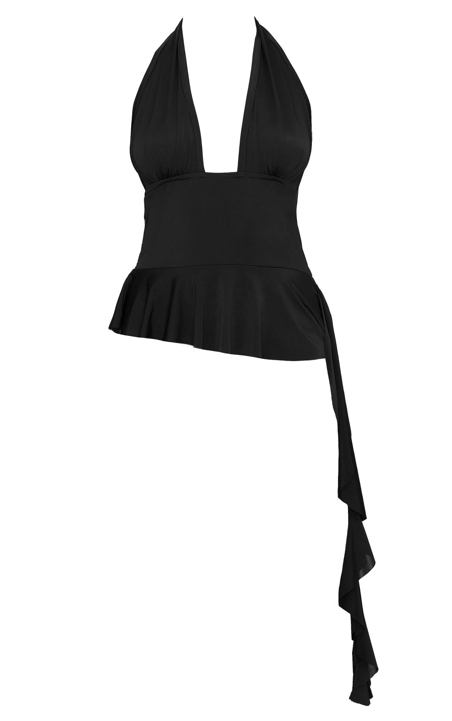 Black Slinky Ruffle Detail Halterneck Long Top Product Image