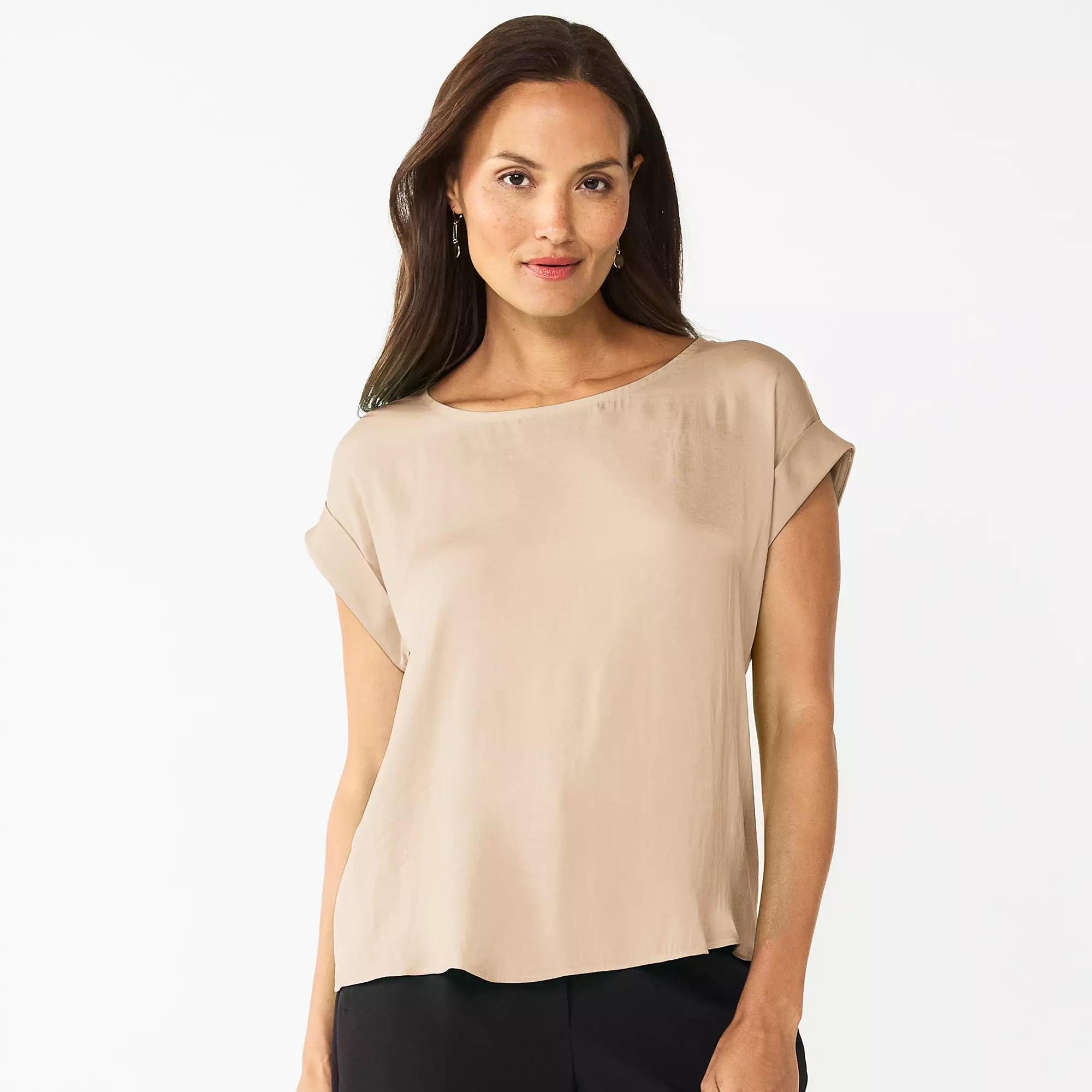 Petite Nine West Short Sleeve Silky Tee, Women's, Size: XXL Petite, Beige Product Image