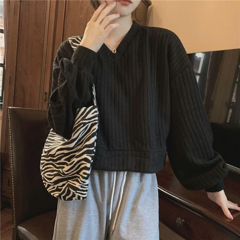 Drop Shoulder V-Neck Plain Ribbed Knit Sweater Product Image