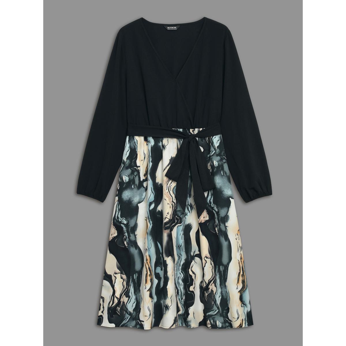 Plus Size Surplice Neck Marble Print Belted Dress Black Women At the Office Belted Overlap Collar Long Sleeve Curvy BloomChic 12/L Product Image