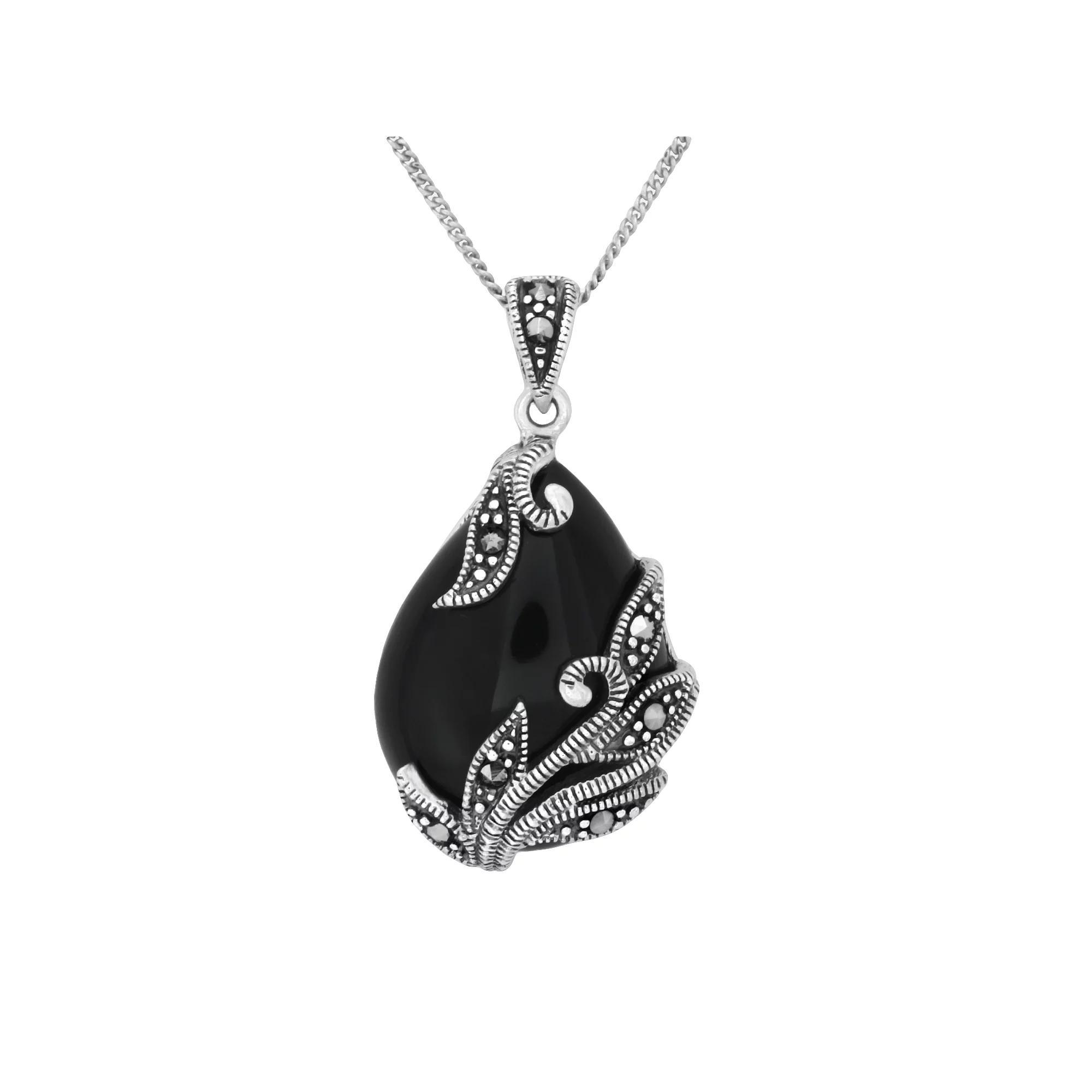 Tori Hill Sterling Silver Marcasite & Onyx Teardrop Pendant Necklace, Women's, Size: 18", Black Product Image