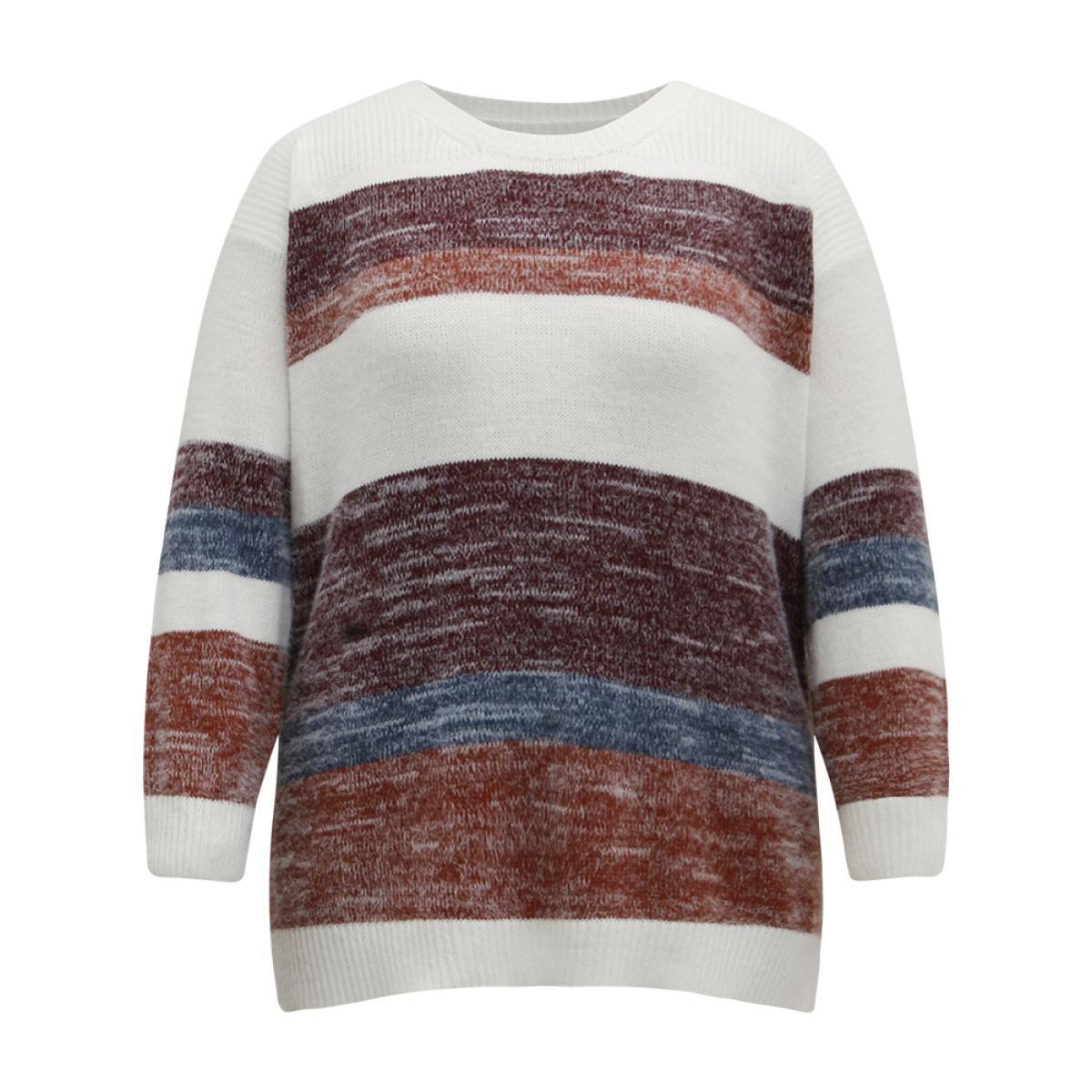 Plus Size Colorblock Fuzzy Drop Shoulder Pullover Multicolor Women Casual Loose Long Sleeve Round Neck Dailywear Pullovers BloomChic 10/M Product Image