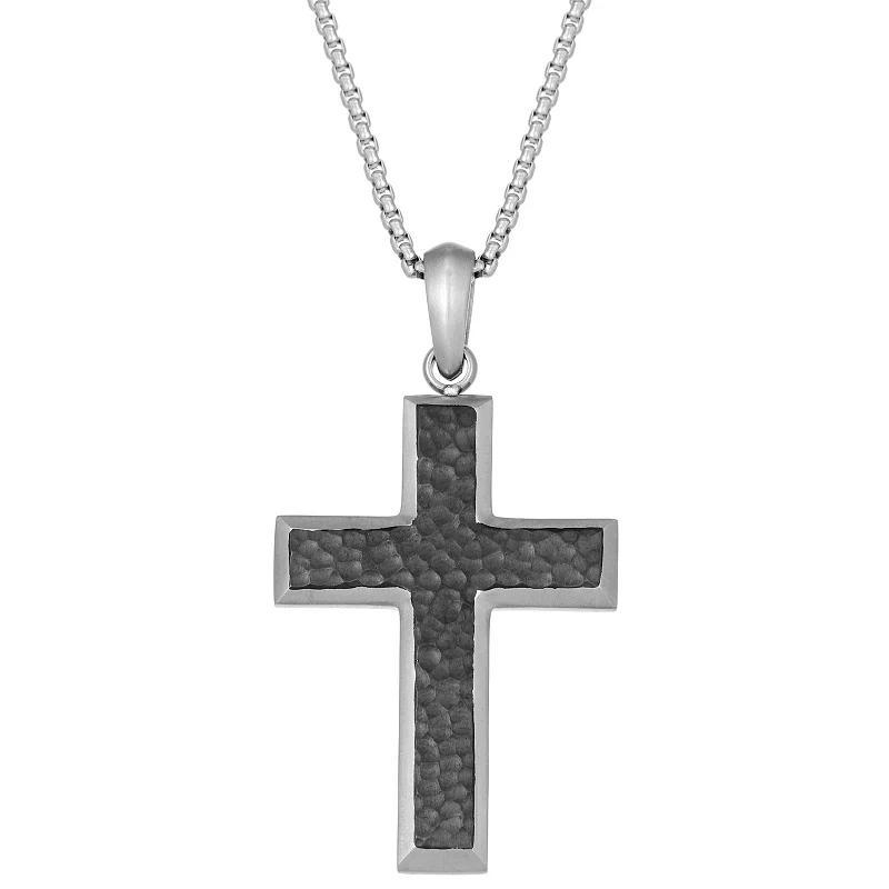 Men's LYNX Black Ion-Plated Stainless Steel Hammered Cross Pendant Necklace, Size: 24" Product Image