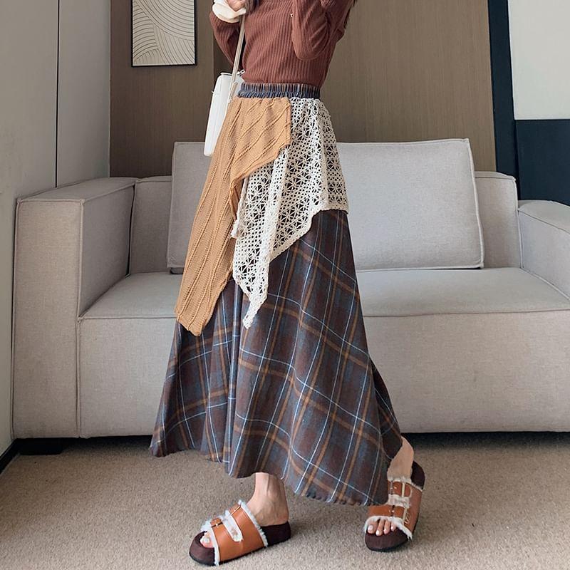 High Rise Plaid Patchwork Maxi A-Line Skirt Product Image
