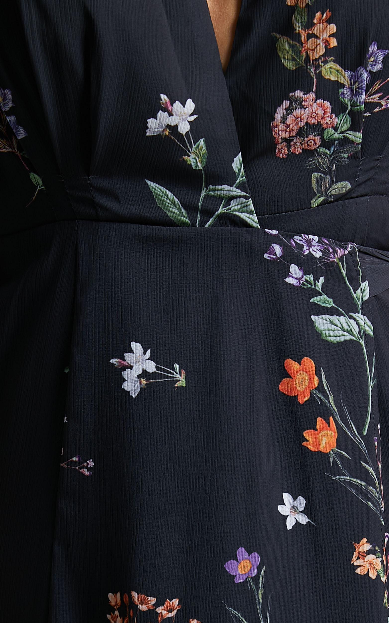 Erenza Maxi Dress - Extended Sleeve Wrap Dress in Black Flower Field Product Image