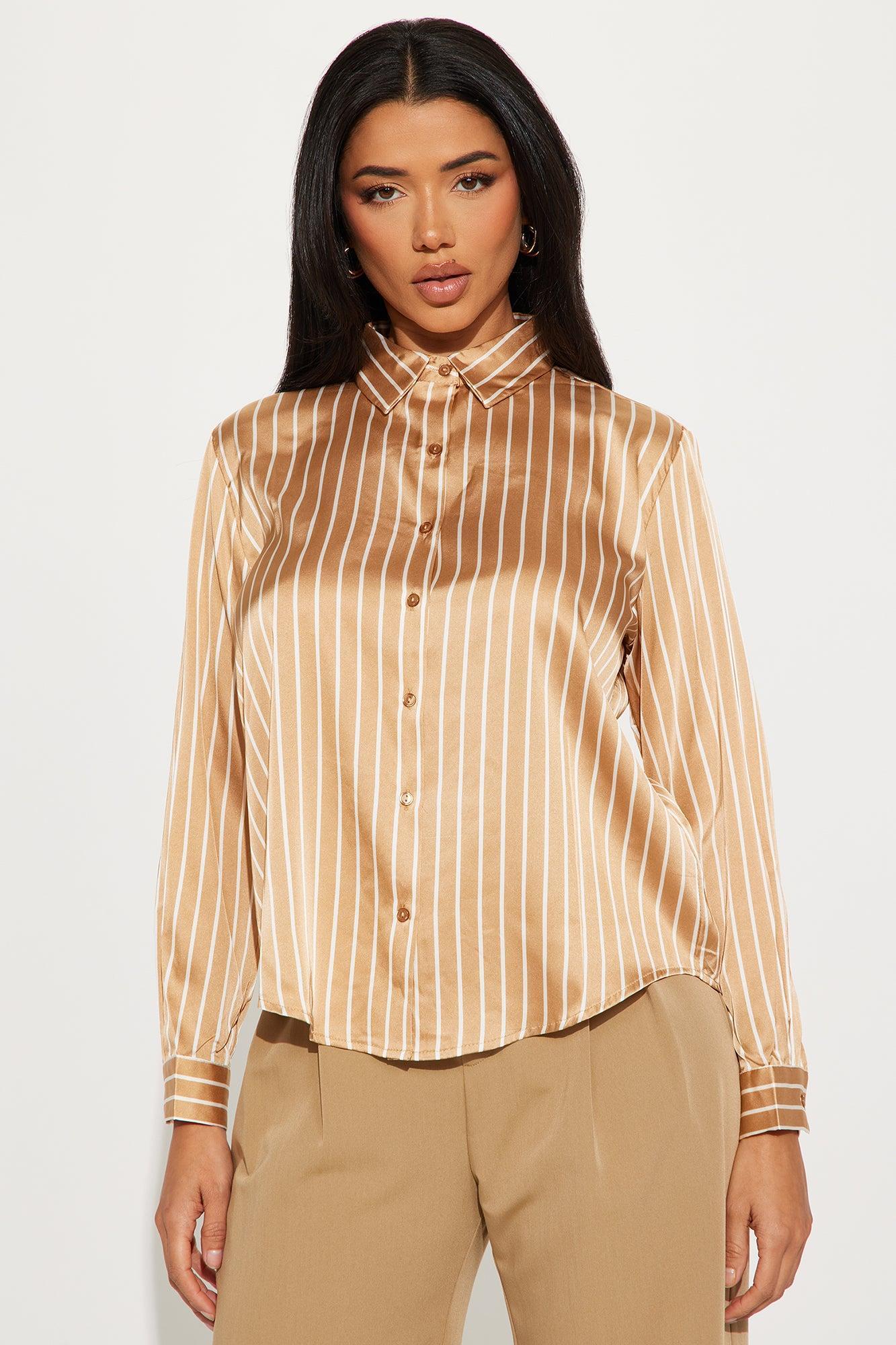 Fast Lane Striped Satin Shirt - Camel/combo Product Image