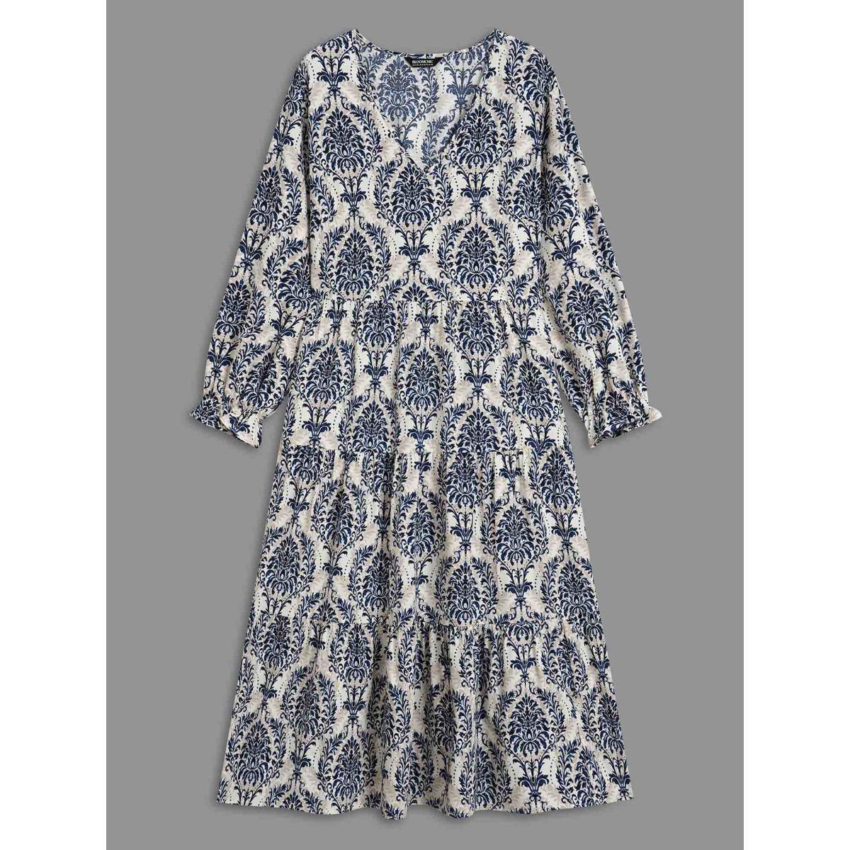 Plus Size V Neck Boho Print Ruffles Maxi Dress DarkBlue Women Resort Ruffles V-neck Long Sleeve Curvy BloomChic 26/4X Product Image