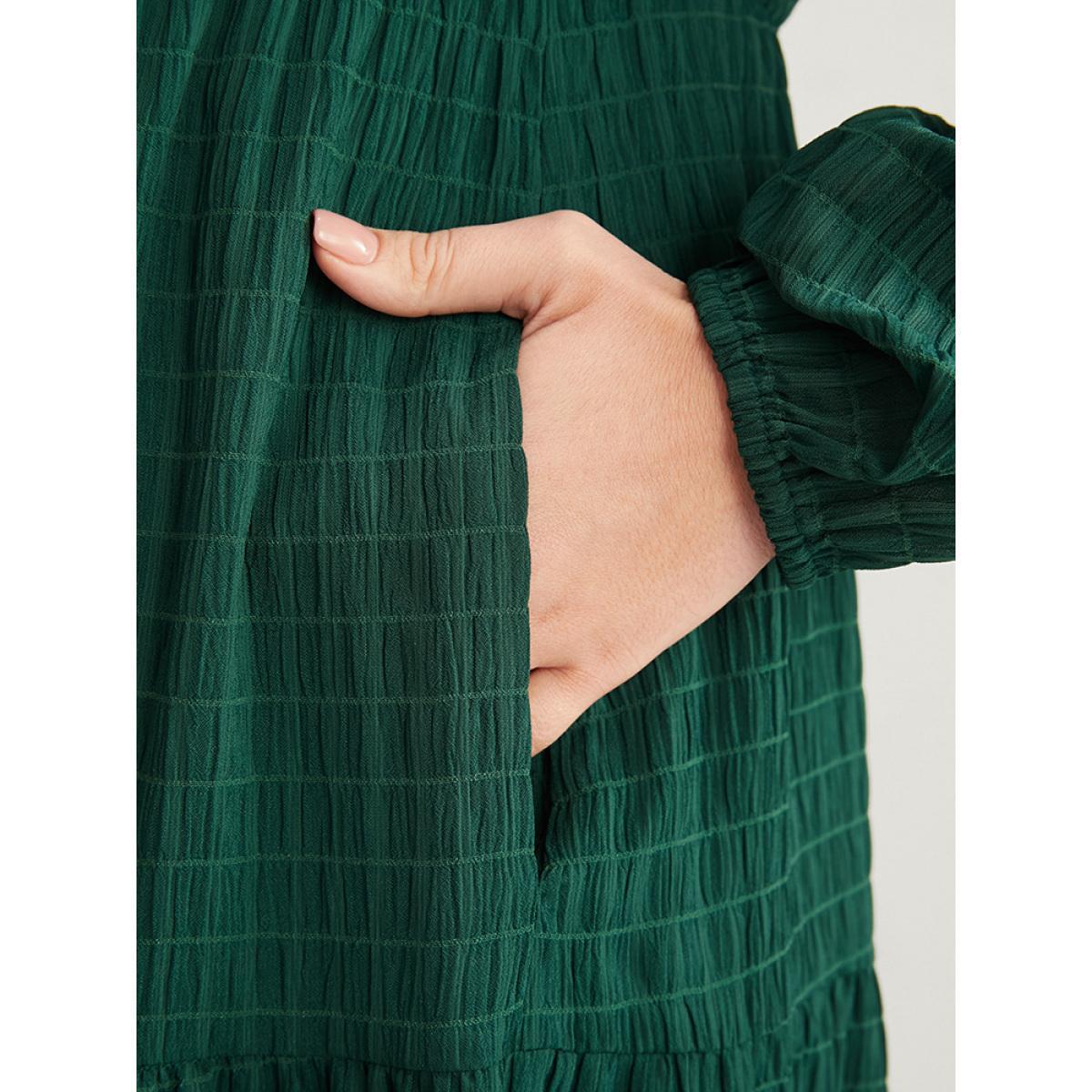 Plus Size Solid V Neck Lantern Sleeve Pocket Gingham Flutter Dress DarkGreen Women Elegant Pocket V-neck Long Sleeve Curvy Midi Dress BloomChic 12/L Product Image