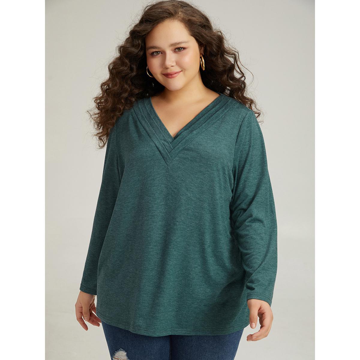 Plus Size Plain Heather Pleated V Neck T-shirt DarkGreen Women Casual Plain Plain V-neck Dailywear T-shirts BloomChic 30/6X Product Image