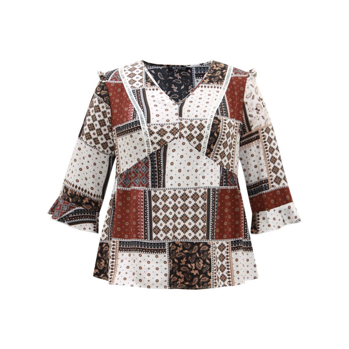 Plus Size Scarlet Moroccan Print Lace Panel Ruffles Frill Trim Blouse Women Vacation Elbow-length sleeve V-neck Vacation Blouses BloomChic 18-20/2X Product Image