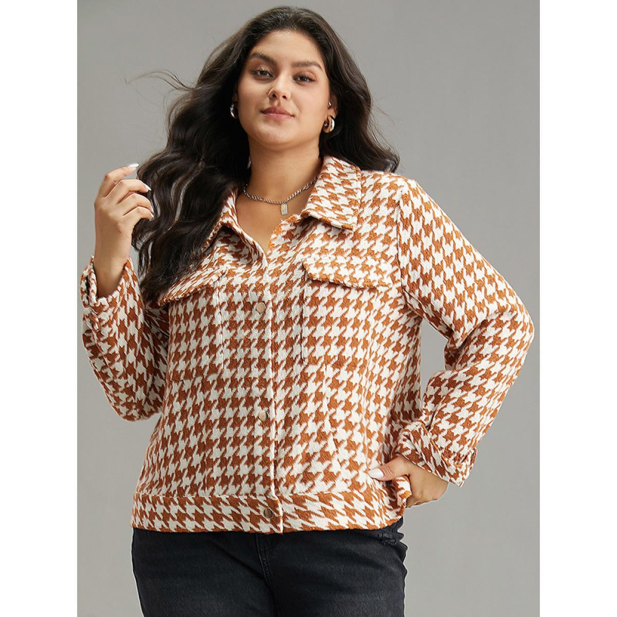 Plus Size Houndstooth Lapel Collar Flap Detail Coat Women Chocolate Casual Contrast Ladies Dailywear Winter Coats BloomChic 28/5X Product Image