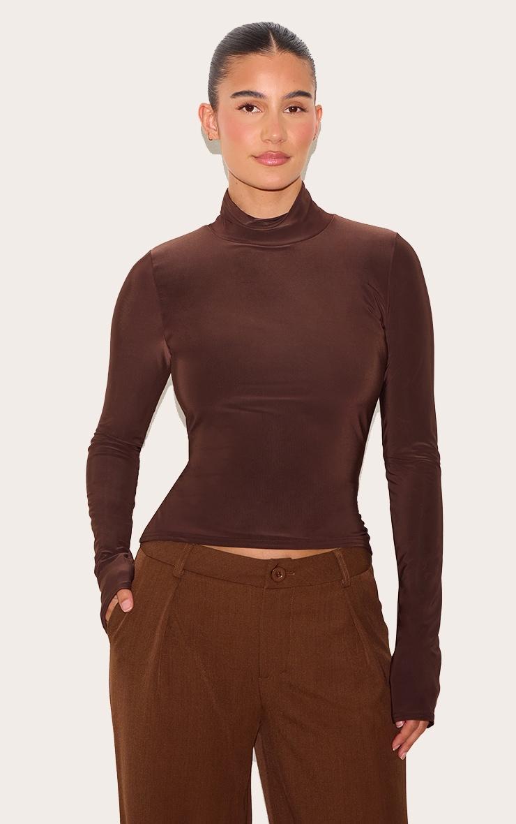 Chocolate Slinky High Neck Thumb Detail Long Sleeve Top Product Image