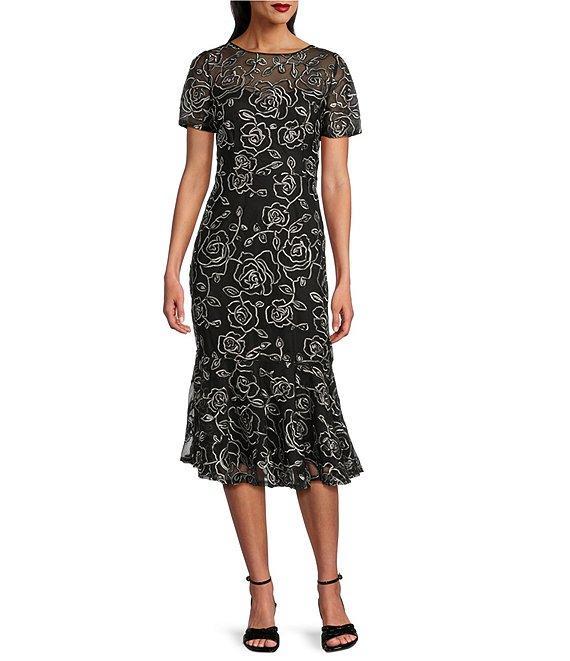 R & M Richards Floral Braid Embroidered Soutache Crew Neck Short Sleeve Flounce Hem Midi Dress Product Image