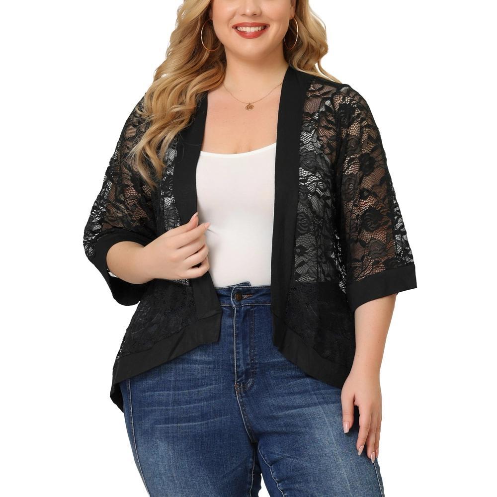Agnes Orinda Women's Plus Size Elegant Open Front 3/4 Sleeve Lace Lightweight Cardigans Product Image
