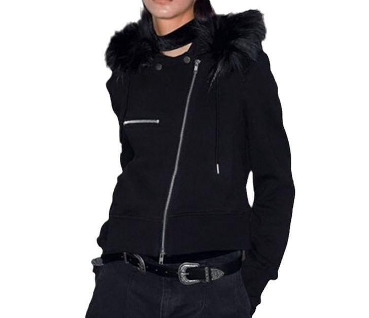 Long Sleeve Plain Furry-Trim Zip-Up Jacket Product Image