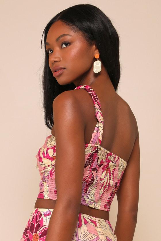 Something Wild Pink Floral Print Pleated One-Shoulder Crop Top Product Image