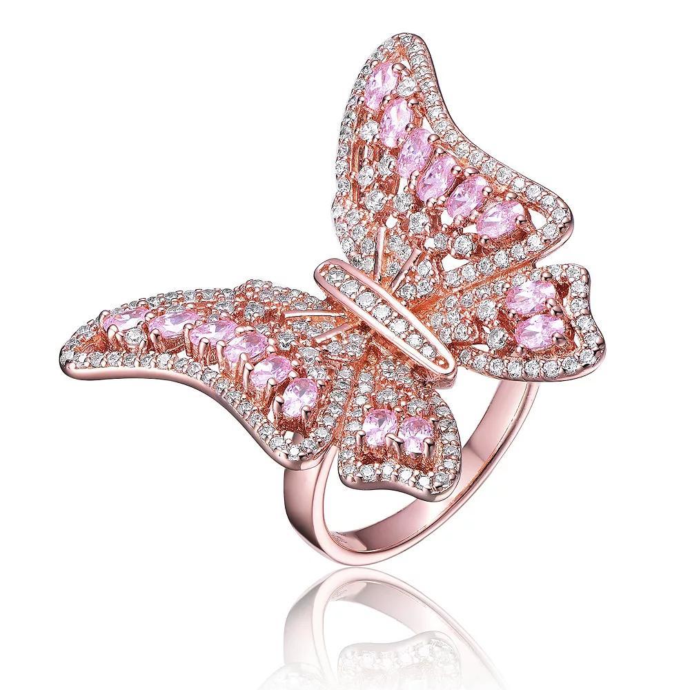 Rose Gold Tone Pink Cubic Zirconia Butterfly Ring, Womens Pink Tone Product Image