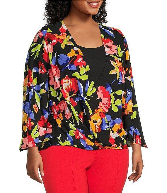 Slim Factor by Investments Plus Size Spring Bloom Print 3/4 Flare Sleeve Scoop Neck Crossover Top Product Image