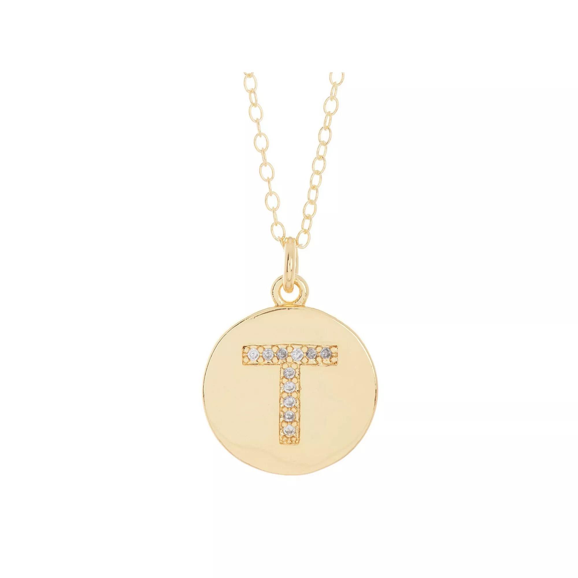 Adornia 14k Gold Plated Cubic Zirconia Engraved Letter Disc Pendant Necklace, Women's, Size: 18", Gold Tone T Product Image