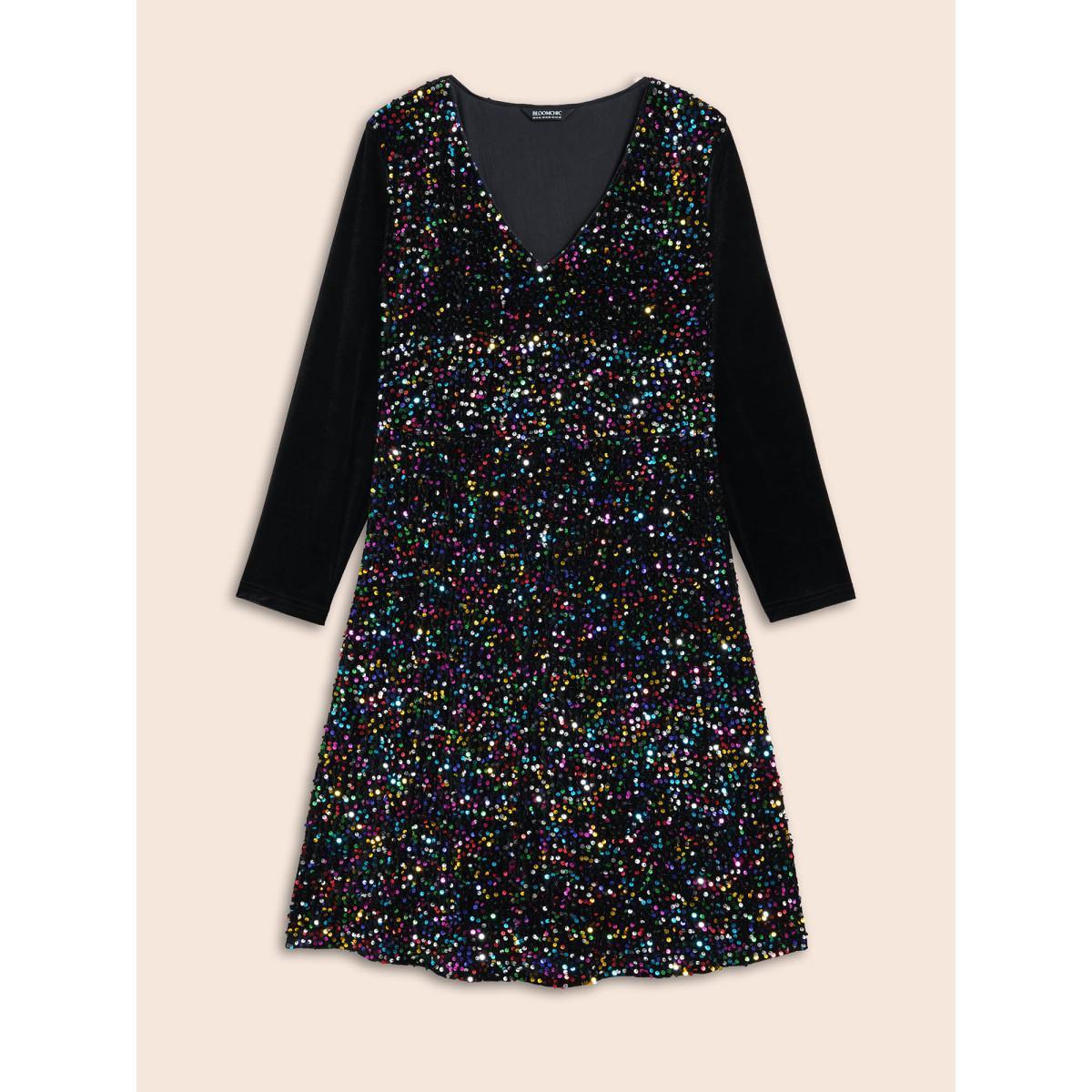 Plus Size V Neck Sequin Patchwork Dress Black Women Cocktail Texture Party Curvy Bloomchic 18-20/2X Product Image