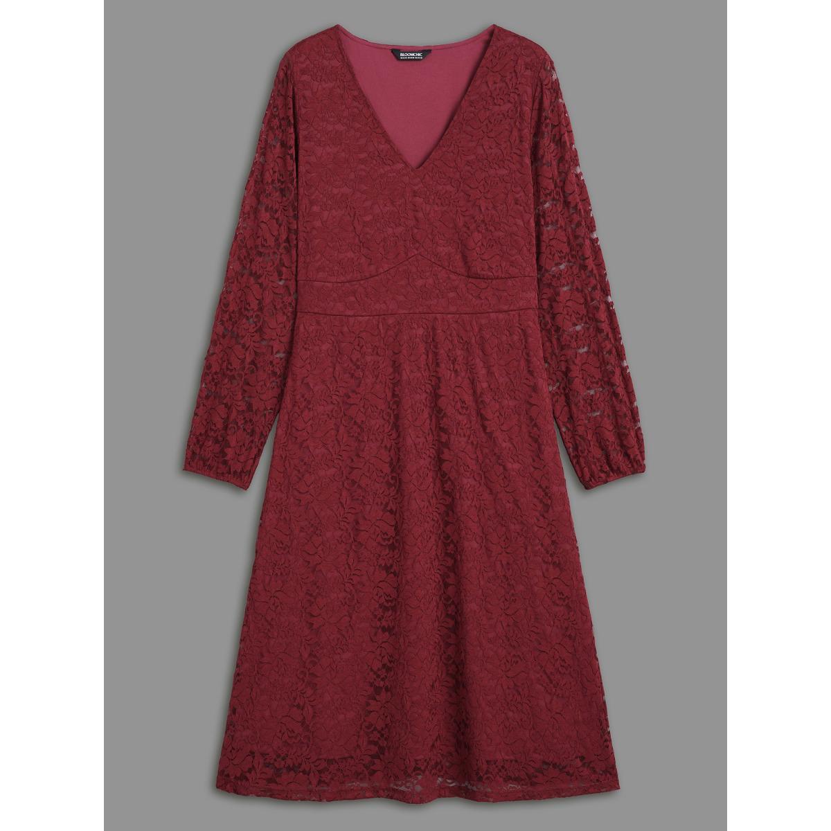 Plus Size Solid Lace Patchwork Lantern Sleeve Dress Burgundy Women Cocktail Woven ribbon&lace trim Party Curvy Bloomchic 28/5X Product Image
