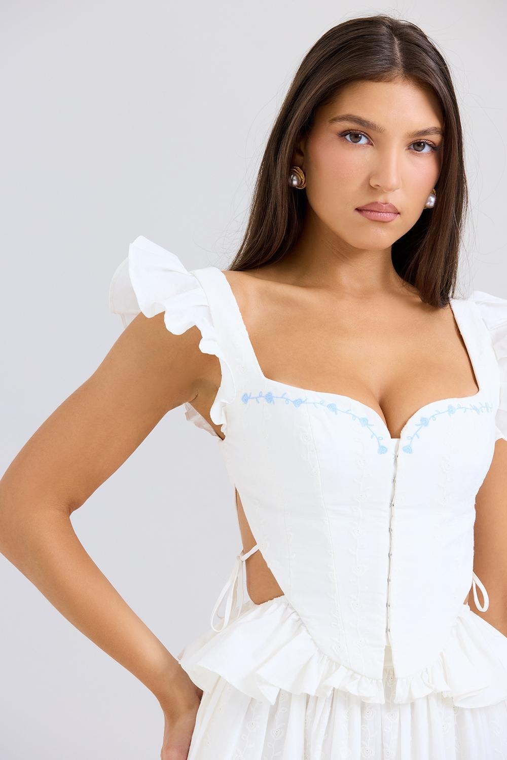 Lilibet  white embroidered cotton peplum corset top Product Image