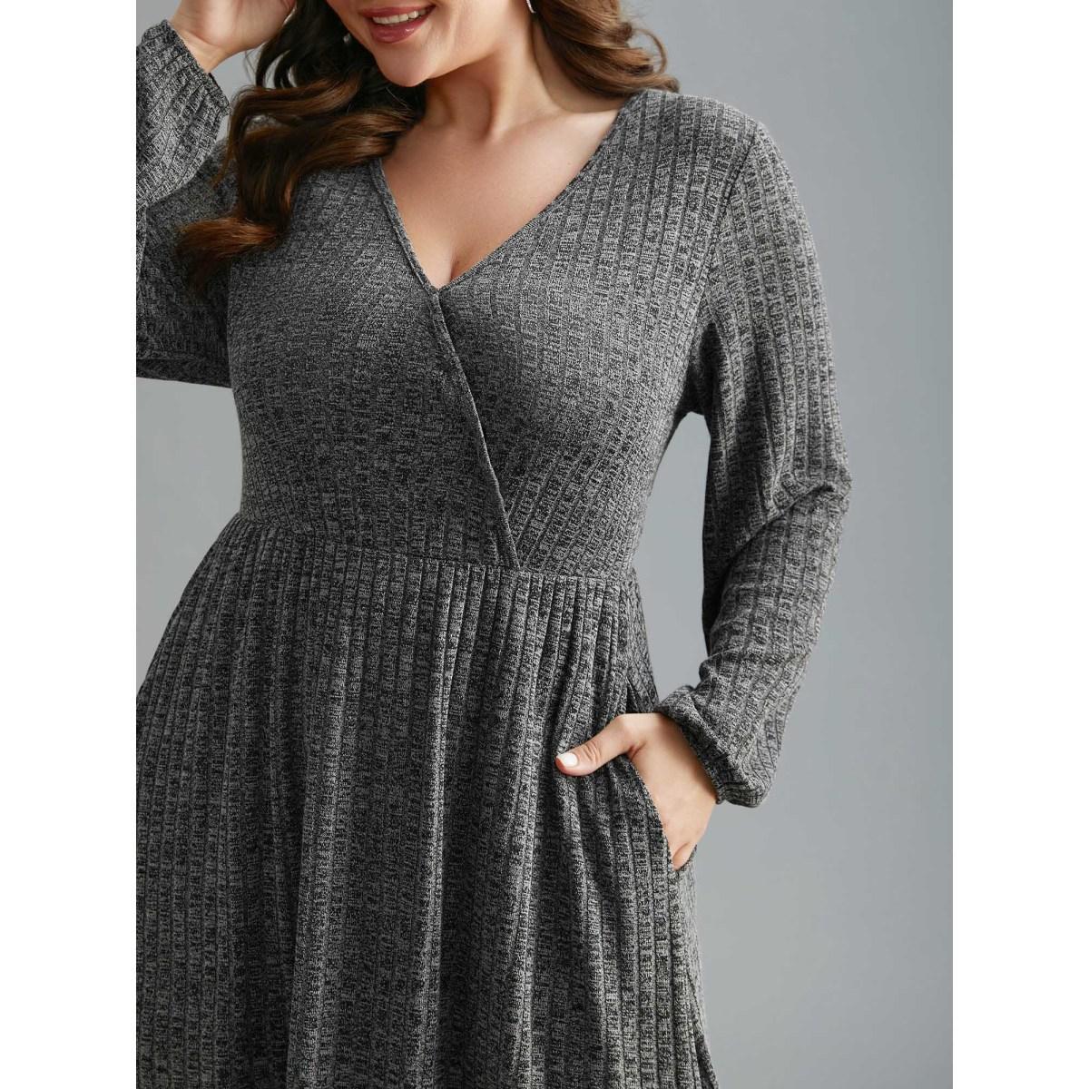 Plus Size Pit Strip Overlap Collar Midi Dress DarkGray Women Casual Texture Knit Dresses Bloomchic 28/5X Product Image