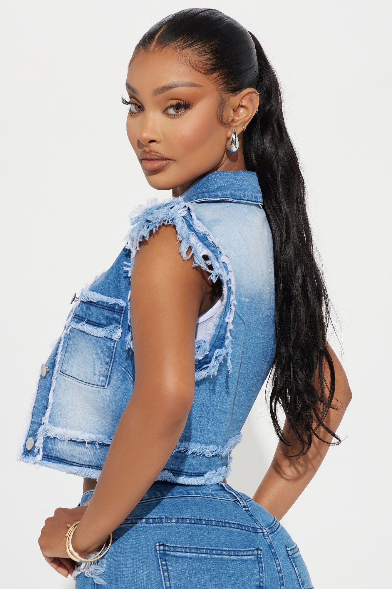 Making A Point Stretch Fray Denim Vest - Medium Wash Product Image