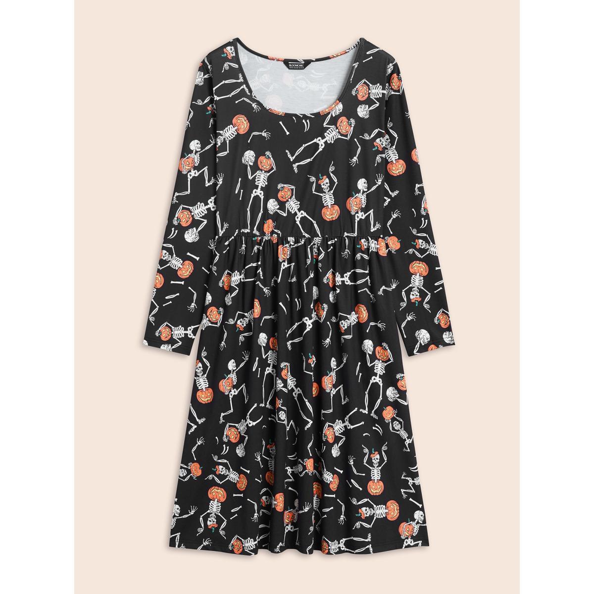 Plus Size Pumpkin Skeleton Elastic Waist Midi Dress Black Women Cocktail Non Party Curvy Bloomchic 26/4X Product Image