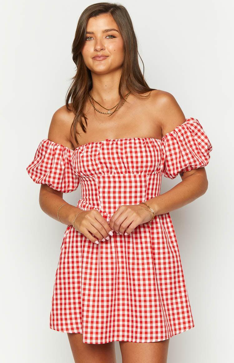 Love Lost Off The Shoulder Red Gingham Mini Dress Product Image