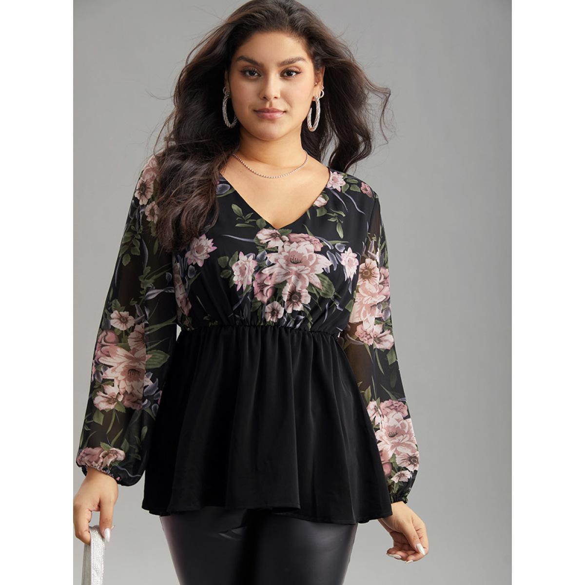Plus Size Black Floral Print Patchwork Elastic Waist Lantern Sleeve Blouse Women Elegant Long Sleeve V-neck Going out Blouses BloomChic 10/M Product Image
