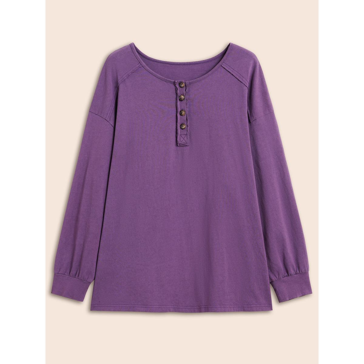 Plus Size Vintage Button Up Drop Shoulder T-shirt Deeppurple Women Casual Button Round Neck Everyday T-shirts BloomChic 22-24/3X Product Image