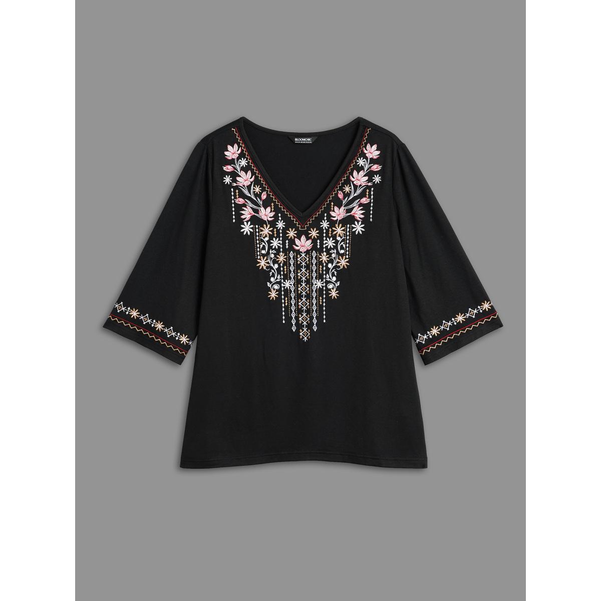 Plus Size Floral Embroidered V-Neck T-shirt Black Women Elegant Embroidered Natural Flowers V-neck Everyday T-shirts BloomChic 18-20/2X Product Image