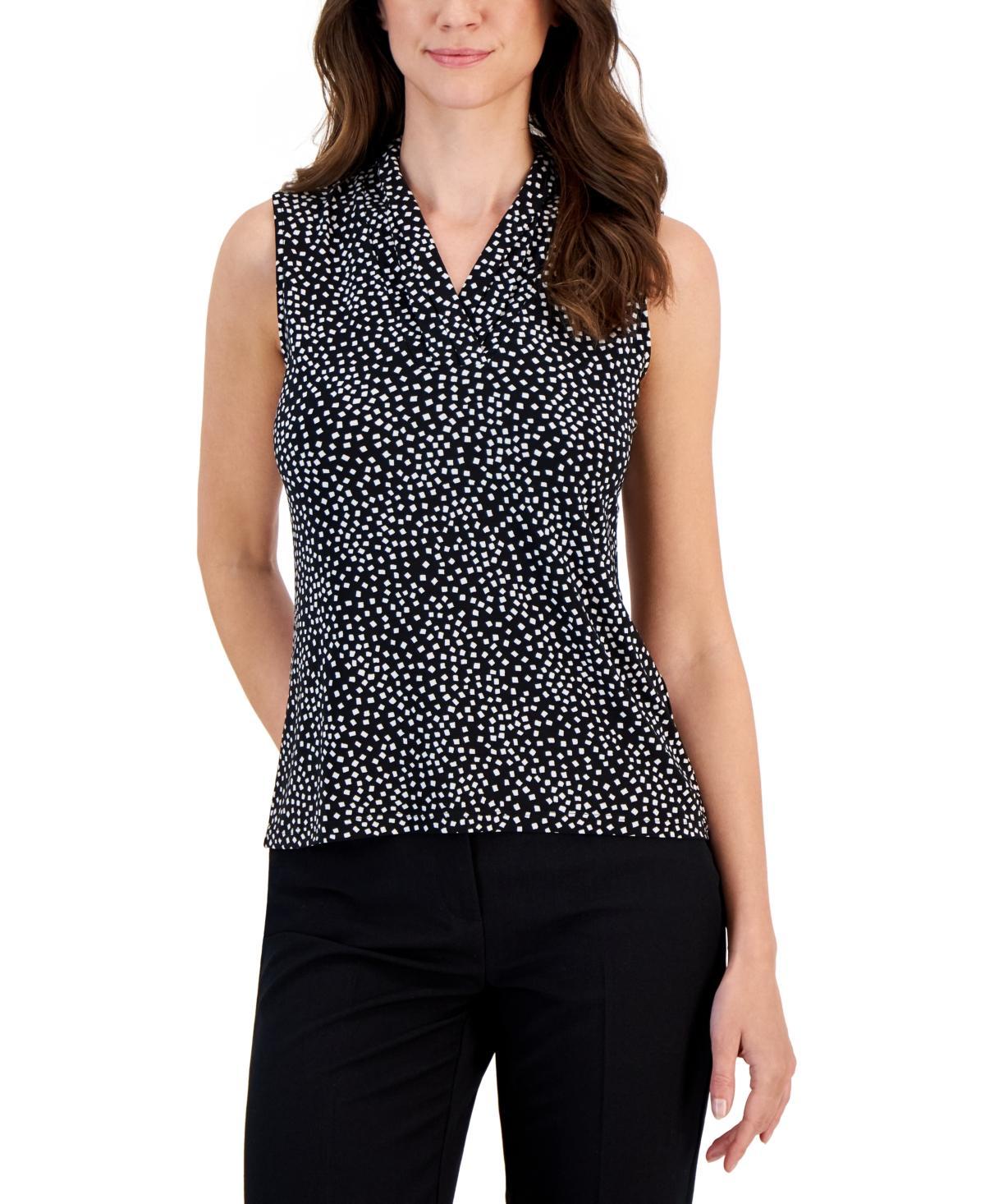 Anne Klein Womens Pleated-Neck Printed Sleeveless Top - Anne Black Product Image