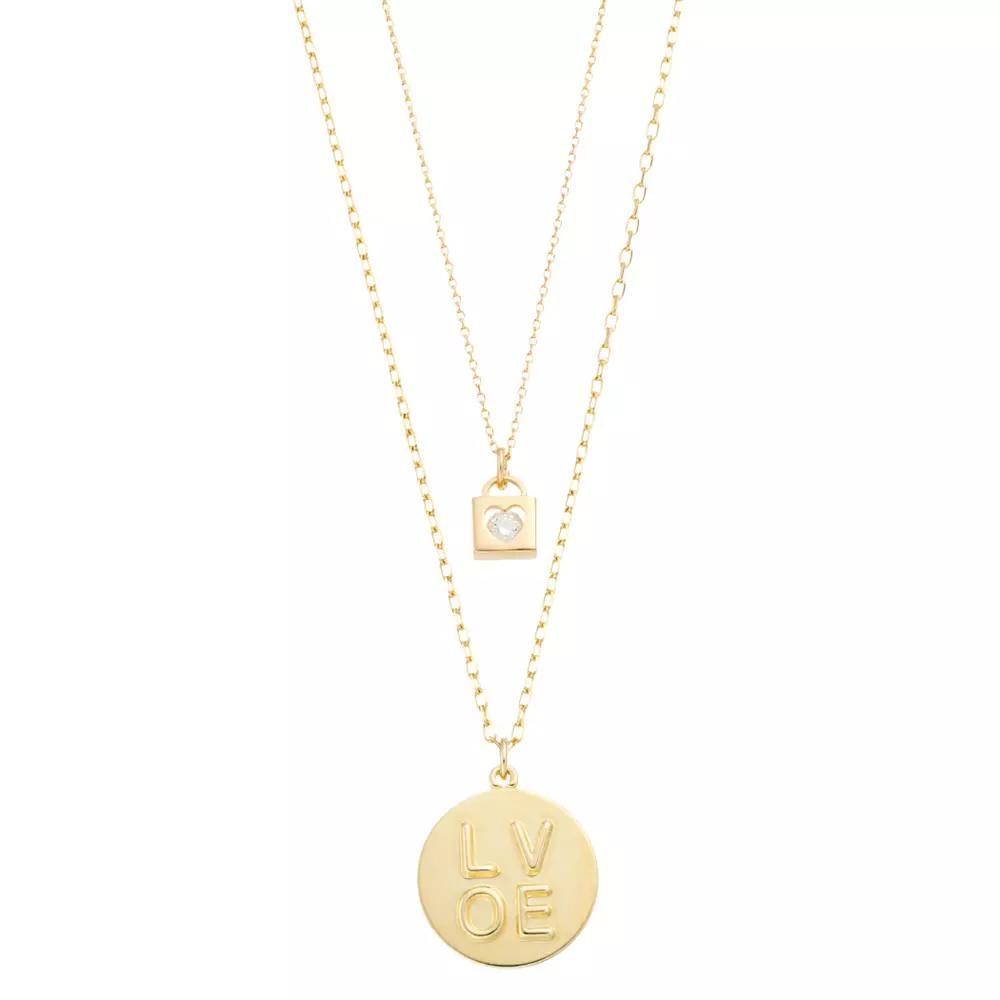 City Luxe 14k Gold-Plated Cubic Zirconia Padlock & "Love" Duo Pendant Necklace Set, Women's, Gold Tone Clear Product Image