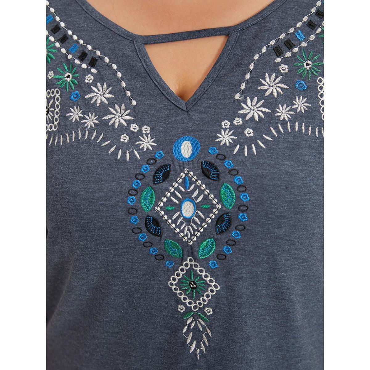 Plus Size Floral Embroidered Keyhole Dolman Sleeve T-shirt Blue Women Elegant Cut-Out Bohemian Print Keyhole Cut-Out Dailywear T-shirts BloomChic 14-16/1X Product Image