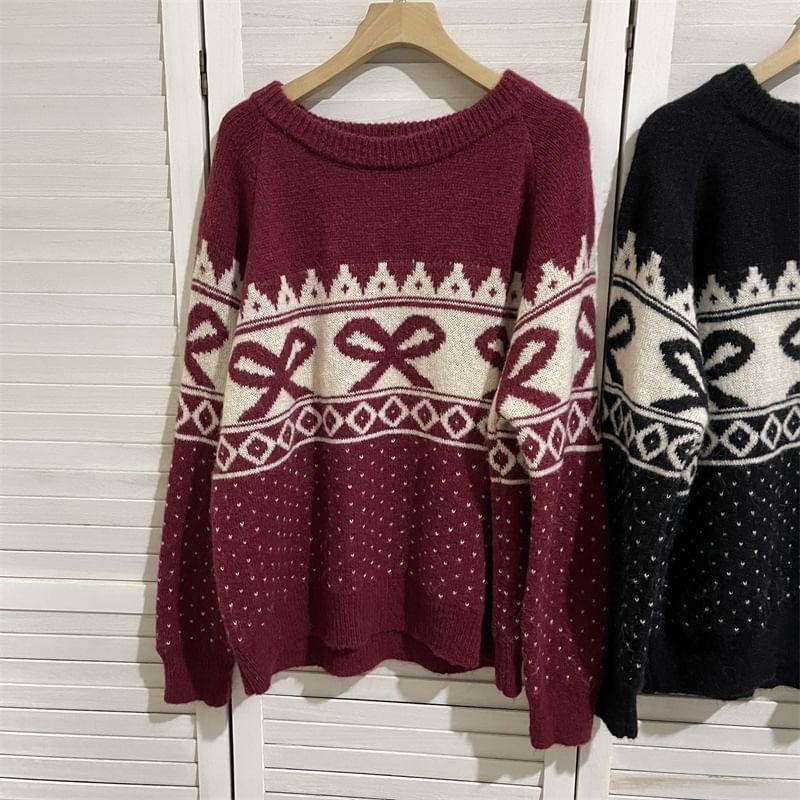 Crew Neck Patterned Oversized Sweater Product Image