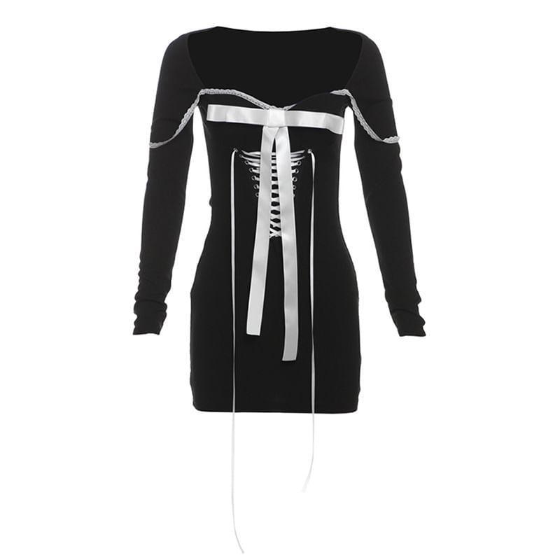 Long-Sleeve Square Neck Ribbon Front Mini Bodycon Dress Product Image