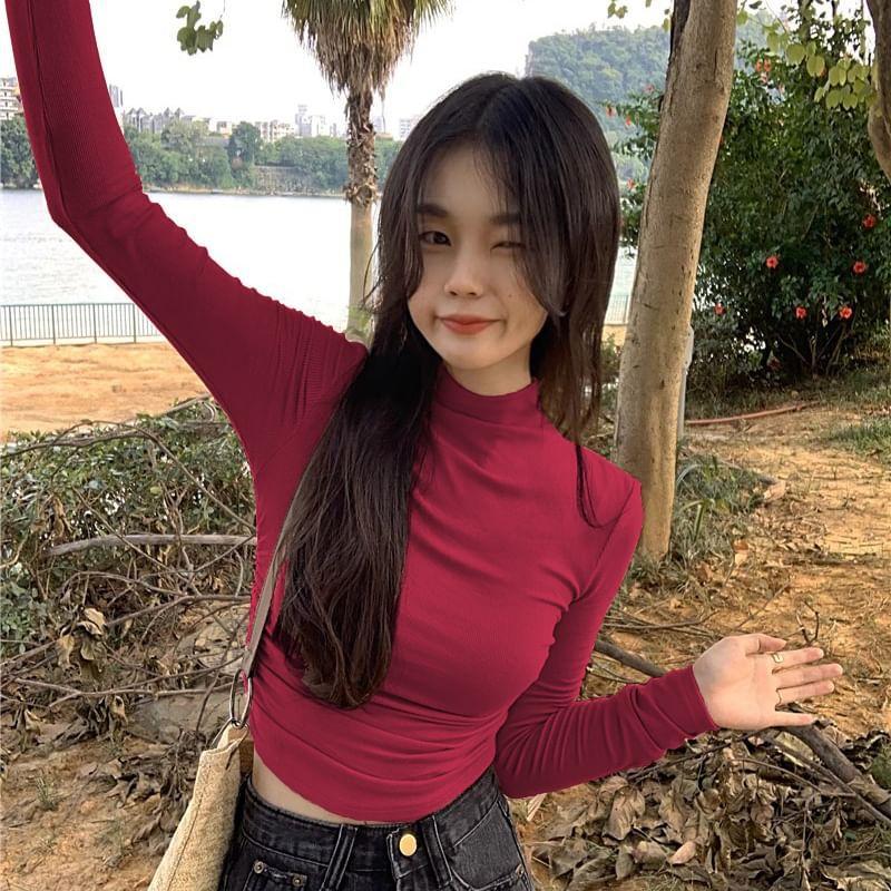 Long-Sleeve High Neck Plain Crop Top Product Image