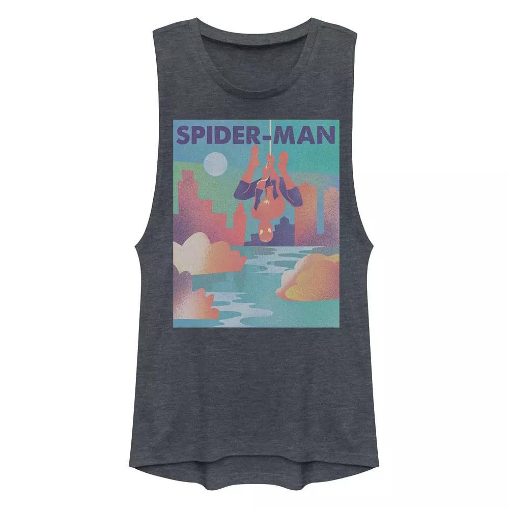Juniors' Marvel Spider-Man City Skyline Graphic Muscle Tank Top, Girl's, Size: XL, Denim Grey Product Image