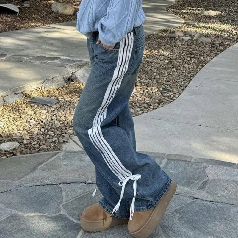 High Waist Washed Striped Bow Accent Straight-Fit Wide-Leg Jeans Product Image
