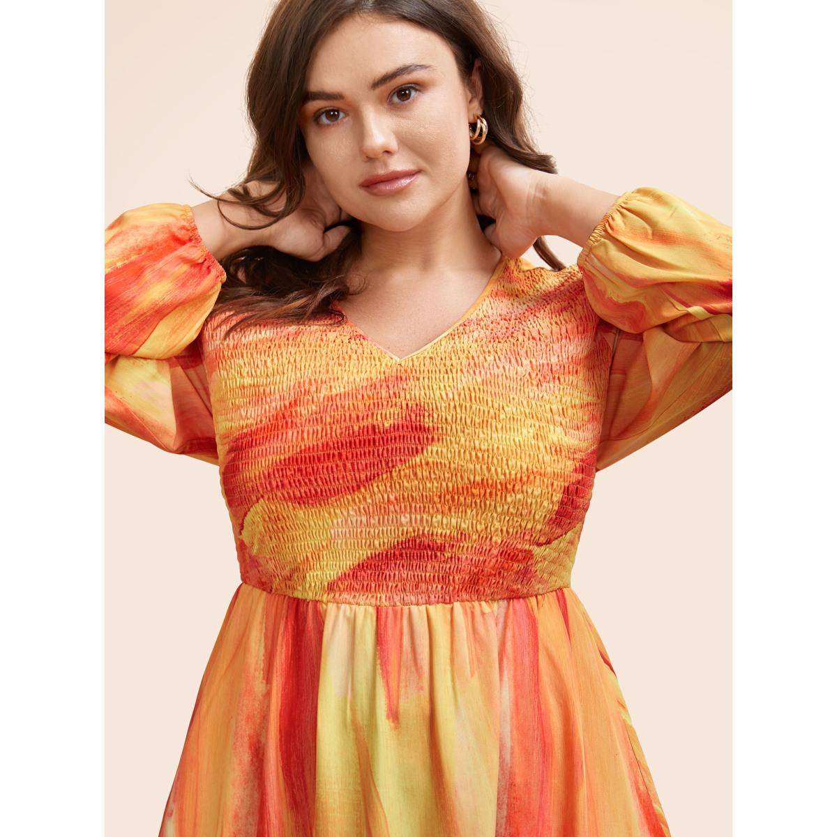 Plus Size Gradient Dyeing Shirred Ruffle Hem Dress Multicolor Women Elegant Gathered V-neck Long Sleeve Curvy BloomChic 14-16/1X Product Image