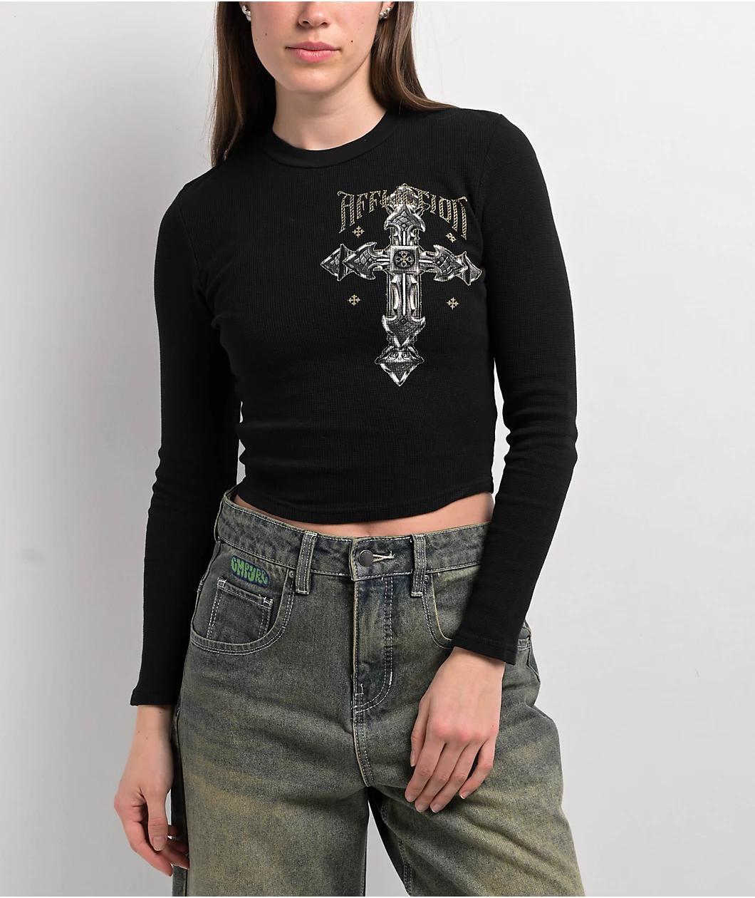 Affliction Venetian Fleet Black Thermal Long Sleeve Crop T-Shirt Product Image