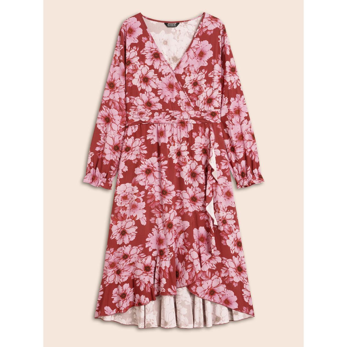 Plus Size Floral Overlap Collar Ruffle Trim Dress RedViolet Women Elegant Gathered Overlap Collar Long Sleeve Curvy BloomChic 14-16/1X Product Image
